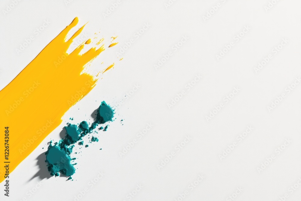 Fototapeta premium Bright yellow paint stroke contrasts with vibrant teal pigment o