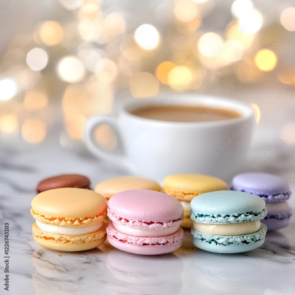 Obraz premium A cozy scene featuring colorful macarons and a cup of coffee on a marble surface.