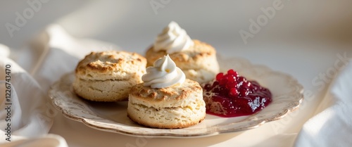 Wallpaper Mural Delicious Freshly Baked Scones Served with Cream and Raspberry Jam on a Decorative Plate. Torontodigital.ca