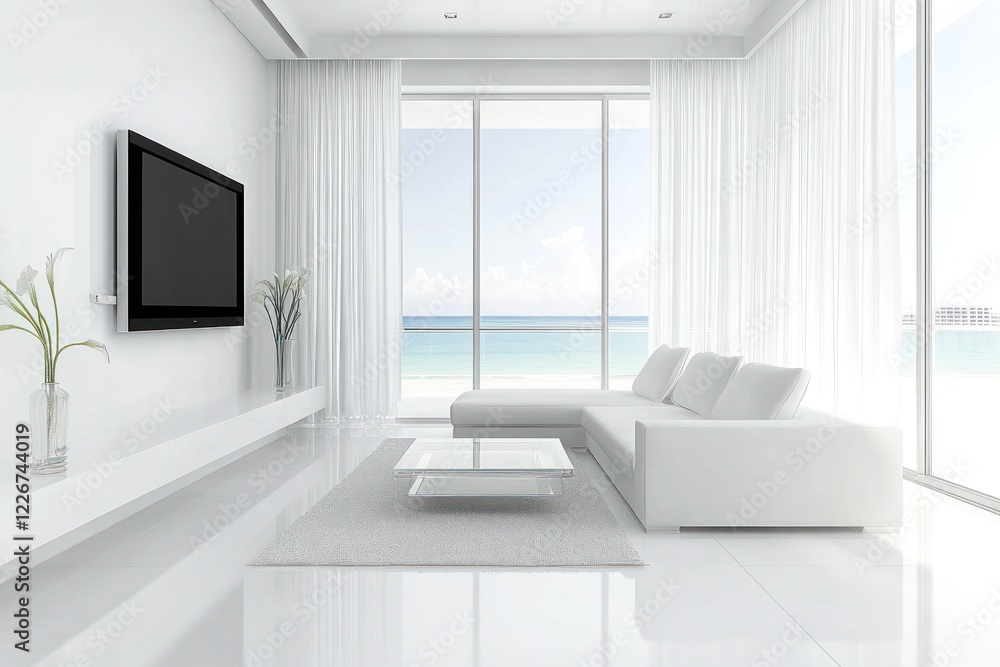 Fototapeta premium Modern white beachfront living room ocean view