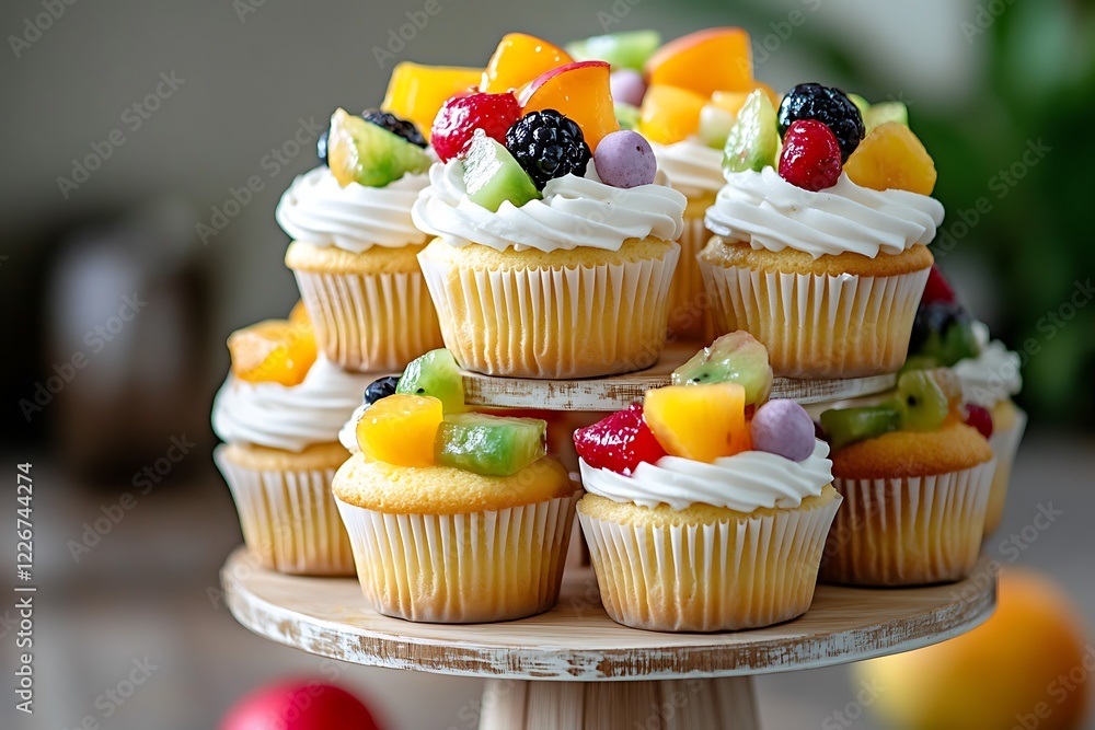 A playful fruit dessert displayed on a tiered stand featuring cupcakes topped with colorful fruits, beautifully capturing the essence of sweetness. A playful fruit dessert displayed on a tiered stand featuring cupcakes topped with colorful fruits, beautifully capturing the essence of sweetness.