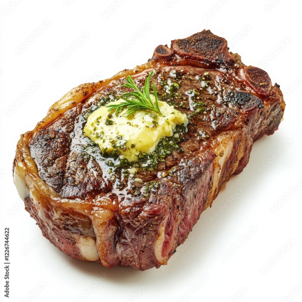 A succulent prime rib steak with garlic butter, isolated white background, classical art style A succulent prime rib steak with garlic butter, isolated white background, classical art style