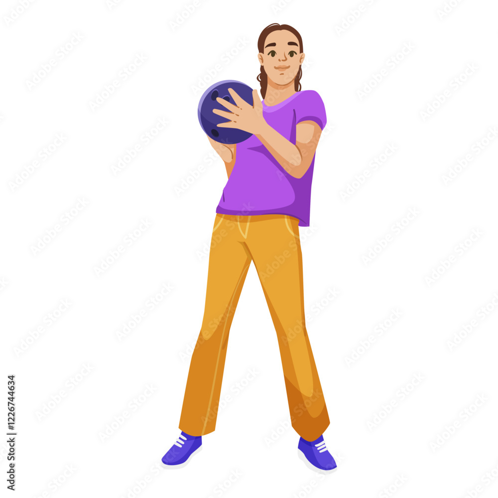Woman in casual attire holding a bowling ball, standing on a white background. Concept of sport, recreation, and bowling game. Vector illustration Woman in casual attire holding a bowling ball, standing on a white background. Concept of sport, recreation, and bowling game. Vector illustration
