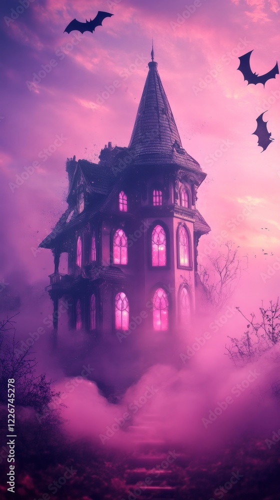 Fototapeta premium Mysterious castle with glowing windows shrouded in fog during twilight hours surrounded by bats