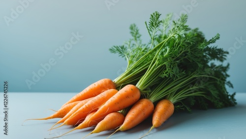 Fresh Vibrant Orange Carrots with Green Tops Arranged on Light Blue Background for Healthy Lifestyle Conceptual Imagery and Copy Space. photo