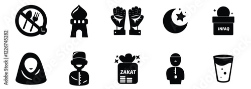 Islamic Practices and Ramadan Set Collection Concepts Icons With Black Solid Color Style