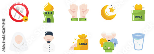 Islamic Practices and Ramadan Set Collection Concepts Icons With Flat Style