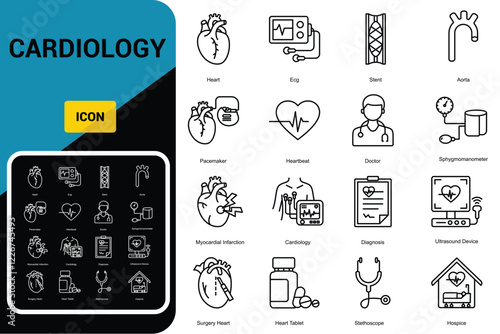 Cardiology line icon set. Heart, ECG, stent, aorta, pacemake, myocardial infarction, sphygmomanometer, holter monitor, rhythm, medications, diagnosis, scalpel, surgery vector illustration. Editable