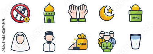 Islamic Practices and Ramadan Set Collection Concepts Icons With Filled Line Art Style