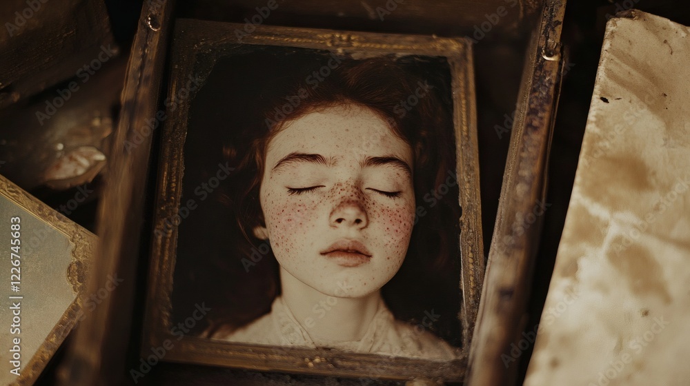 Enigmatic Portrait of a Freckled Girl in an Antique Frame Enigmatic Portrait of a Freckled Girl in an Antique Frame