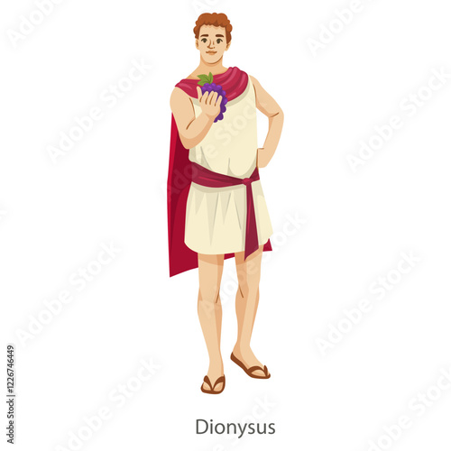 Greek god Dionysus depicted in traditional attire, holding grapes, standing against a white background. Concept of mythology and culture. Vector illustration.