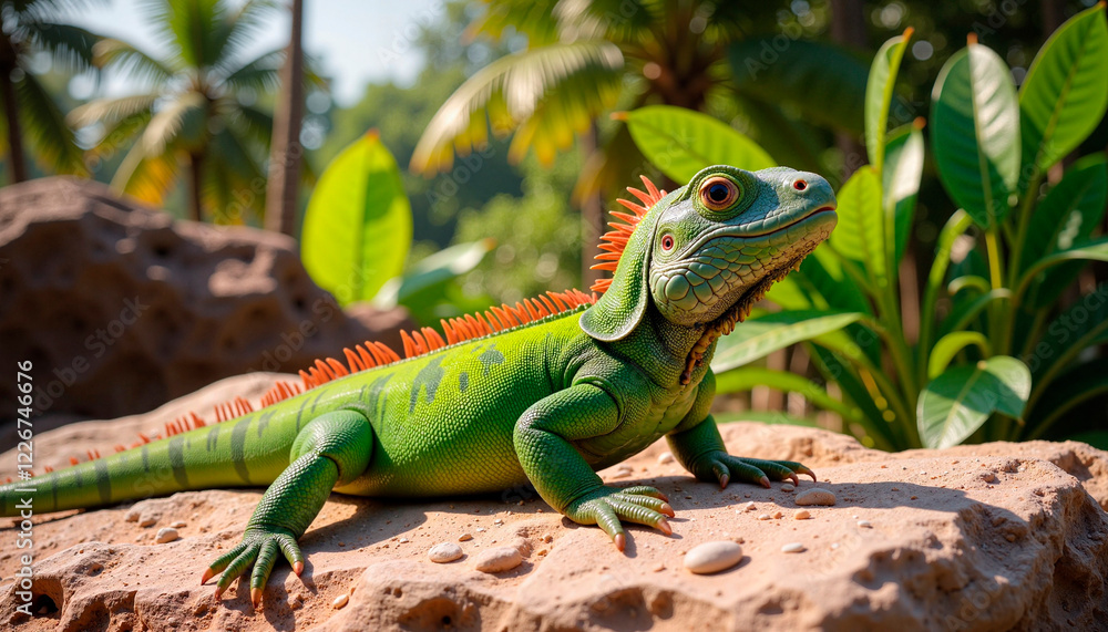 Fototapeta premium Iguana sunbathing on rocky surface in tropical setting, nature's beauty