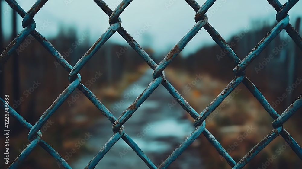 A chain-link fence, with a blurred background that seems to depict a natural environment with trees and possibly water. A chain-link fence, with a blurred background that seems to depict a natural environment with trees and possibly water.