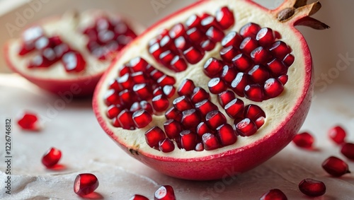 Juicy Pomegranate Half Red Seeds Antioxidant Rich Fruit Healthy Eating Close Up Shot.
