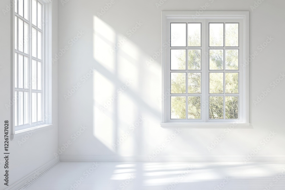 Fototapeta premium Sunlight streams into empty white room, showcasing windows and potential for interior design