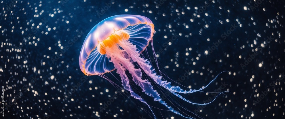 Fototapeta premium Luminescent jellyfish floating in the starry space with vibrant tentacles