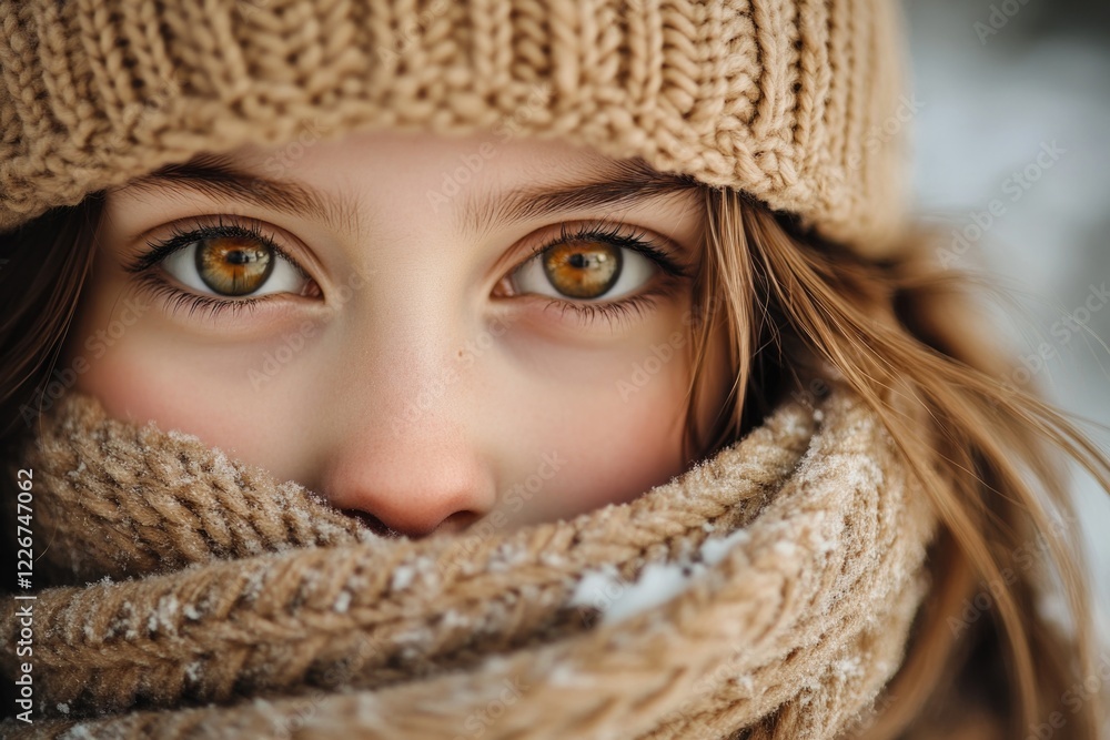 A person wearing a hat and scarf, in a close-up shot A person wearing a hat and scarf, in a close-up shot