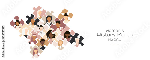 Women's History Month banner. Different women in puzzles.