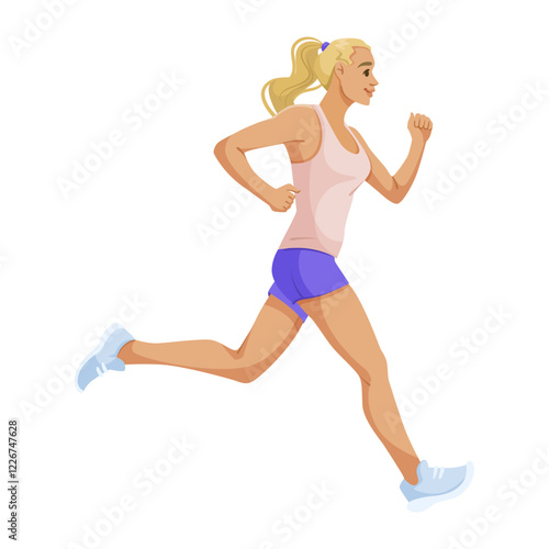 Athletic woman with blonde hair jogging in activewear, side view, dynamic pose, white background. Concept of fitness and running. Vector illustration