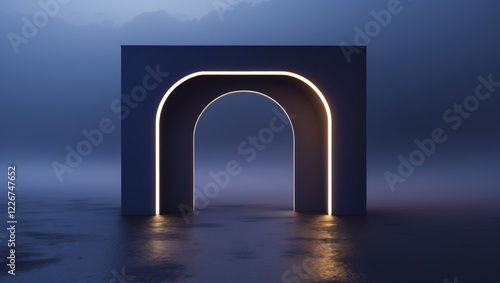 Modern Illuminated Archway in Dark Setting Creates a Mystical Atmosphere for Contemplation. photo