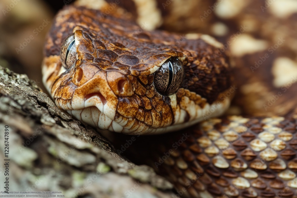 Obraz premium A close-up shot of a snake coiled around a tree branch, great for wildlife or nature-themed projects