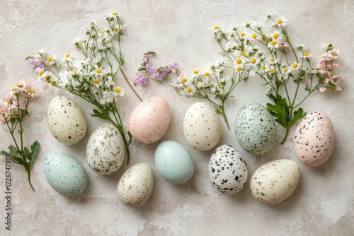 Easter pastel eggs and aesthetic flowers on light stone background 