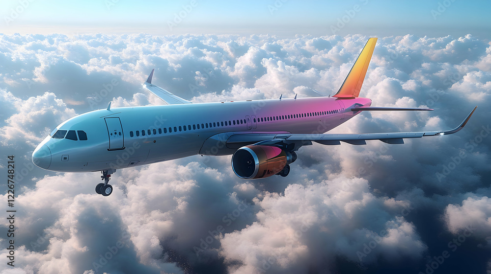 Obraz premium Pastel Airplane Soaring Above Fluffy Clouds