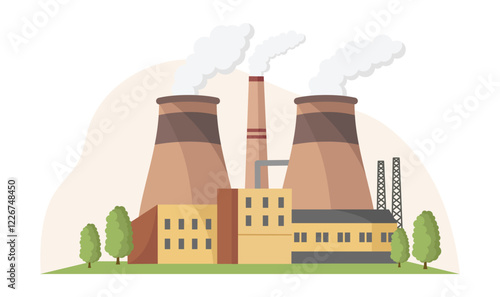 Power plant with chimneys emitting smoke, surrounded by trees, on a white background. Concept of industrialization and pollution. Vector illustration
