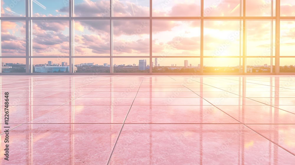 Fototapeta premium Sunset Cityscape Viewed Through Large Office Windows