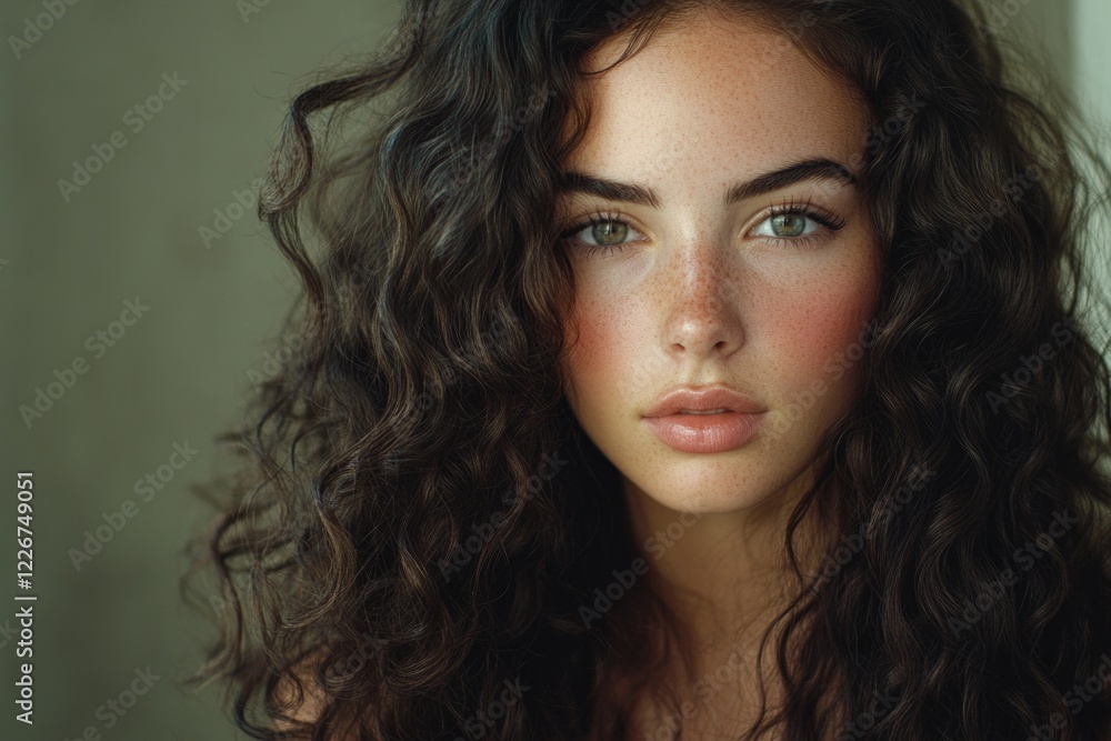Fototapeta premium Portrait of a young woman with freckles, smiling and looking straight at the camera