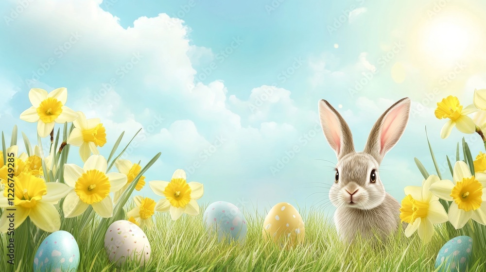 Fototapeta premium Easter background with green grass, easter eggs, a rabbit, and flowers