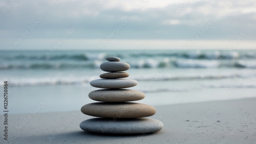 Fototapeta premium Stacked smooth stones on a tranquil beach with soft waves in the background on a cloudy day
