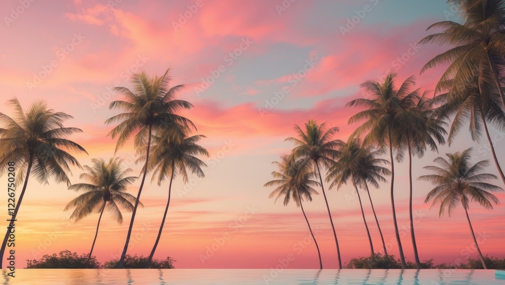 Stunning tropical sunset over an infinity pool with vibrant pink and orange hues and palm trees. Stunning tropical sunset over an infinity pool with vibrant pink and orange hues and palm trees.