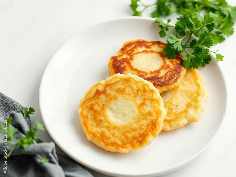 Hash browns potato pancakes served with a side of fresh parsley on a minimalist white plate, clean plate, white background, potato pancakes Hash browns potato pancakes served with a side of fresh parsley on a minimalist white plate, clean plate, white background, potato pancakes