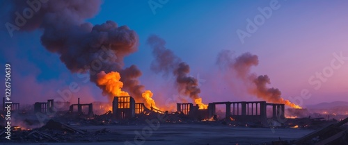 The smoldering ruins of a city at twilight with fires and smoke in the distance. photo