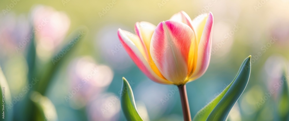 Fototapeta premium Tulip flower with green leaves and blurred background illuminated by soft sunlight creating a serene natural atmosphere.
