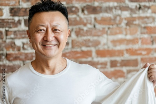 A person holding a white shirt, possibly a souvenir or memento photo