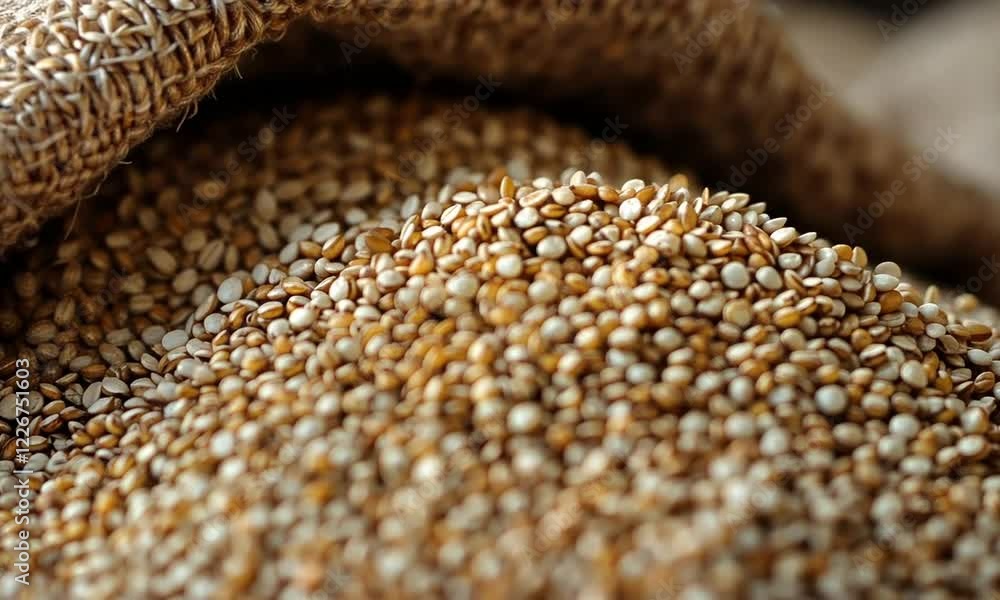 Close-up of a burlap sack spilling grains, showcasing the texture and colors of the seeds, with blurred background elements suggesting a rustic setting Close-up of a burlap sack spilling grains, showcasing the texture and colors of the seeds, with blurred background elements suggesting a rustic setting