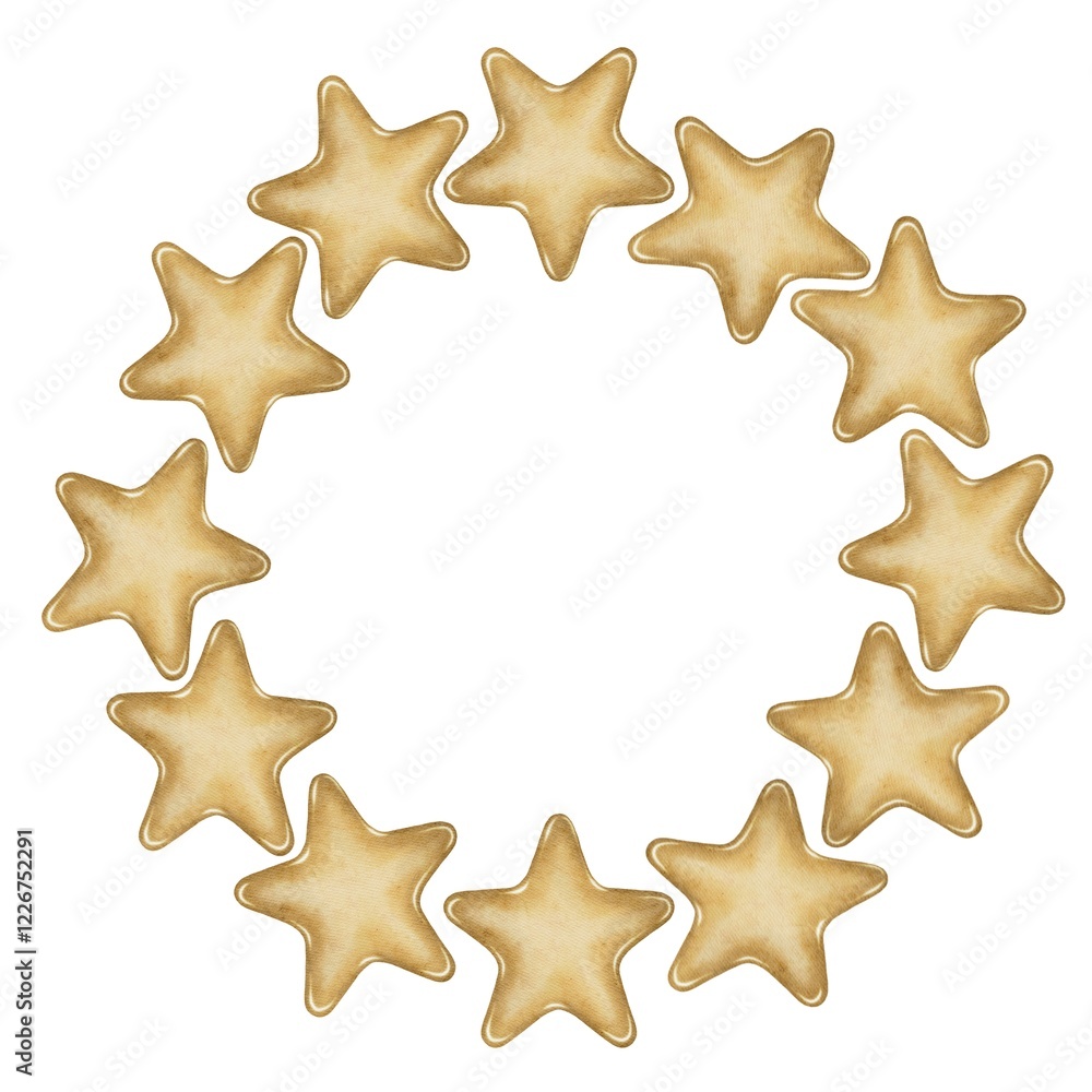 Watercolor wreath, round frame of stars. Can be used as a background for postcards, business cards, invitations, logos, holiday decor In children's style Watercolor wreath, round frame of stars. Can be used as a background for postcards, business cards, invitations, logos, holiday decor In children's style