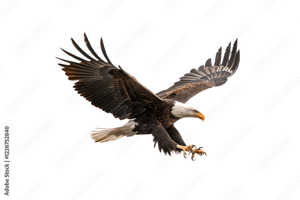 Obraz premium A bald eagle diving with precision, its sharp beak and extended claws ready, embodying strength and agility, isolated on a transparent background
