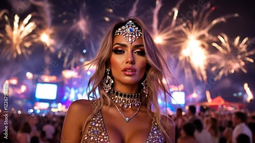 Glamorous Festival Reveler: A captivating woman adorned in shimmering jewelry stands before a breathtaking backdrop of vibrant fireworks and a bustling music festival crowd.
