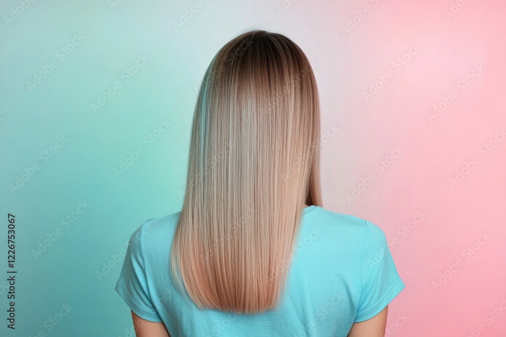 A woman with long blonde hair stands against a bright pink and blue background A woman with long blonde hair stands against a bright pink and blue background