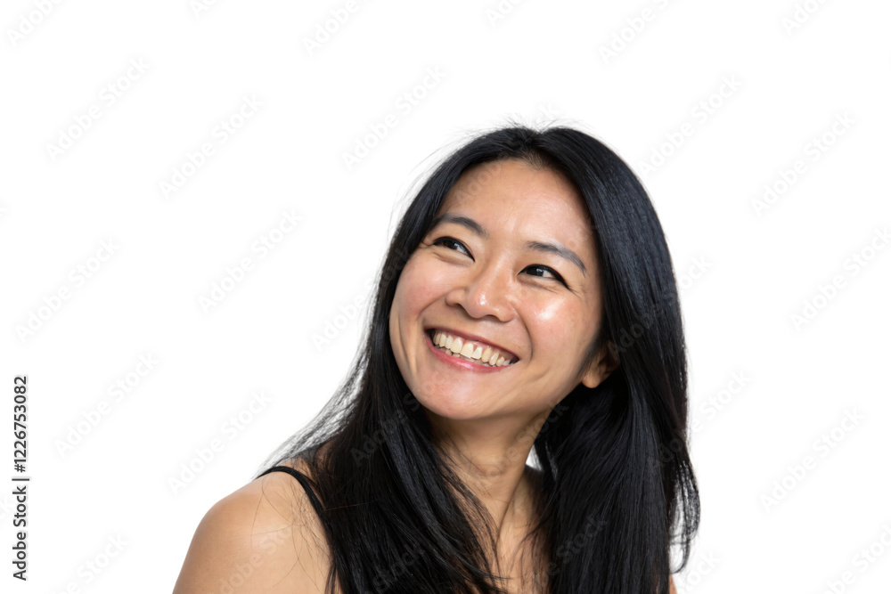 A cheerful woman with long black hair, beaming a wide smile, exudes warmth and positivity, isolated on a transparent background A cheerful woman with long black hair, beaming a wide smile, exudes warmth and positivity, isolated on a transparent background