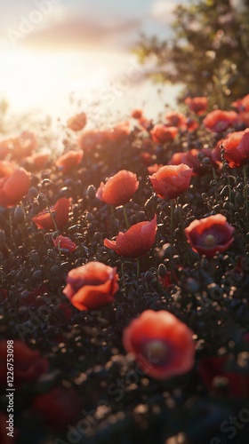 A vibrant field of red poppies basking in the warm sunlight, creating a serene and picturesque scene. photo