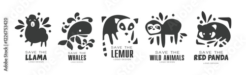 Save Wild Animal Logo and Monochrome Label Design Vector Set