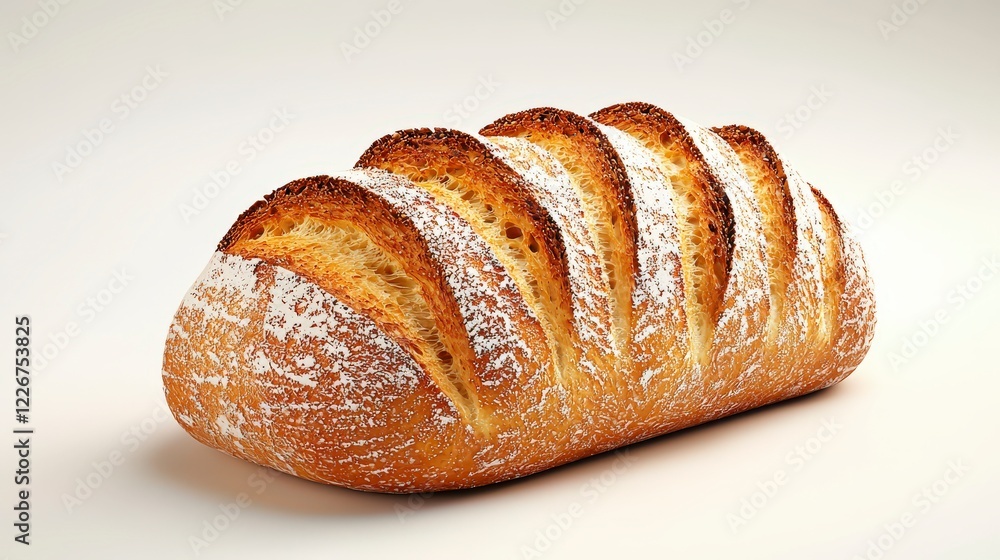 Freshly Baked Artisan Bread Loaf with Crispy Crust and Lightly Dusting of Flour on Elegant Background Freshly Baked Artisan Bread Loaf with Crispy Crust and Lightly Dusting of Flour on Elegant Background