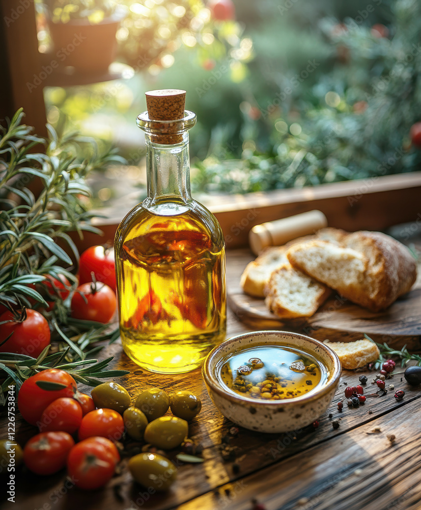 A bottle of olive oil on a rustic table. AI generative. A bottle of olive oil on a rustic table. AI generative.
