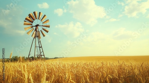 Rustic Windmill in Vast Wheat Field Under Bright Blue Sky