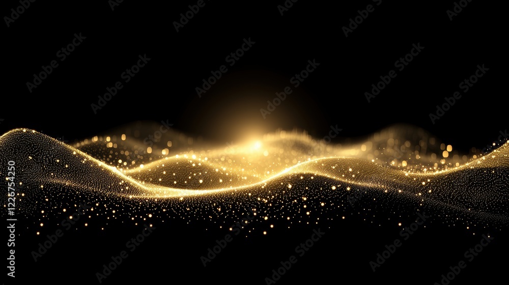 Fototapeta premium Golden particle wave shimmering in darkness with illuminated highlights