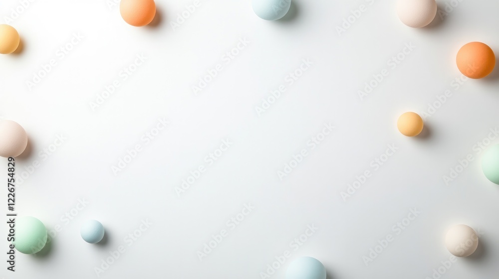 Soft pastel spheres scattered on clean surface create calming vi Soft pastel spheres scattered on clean surface create calming vi